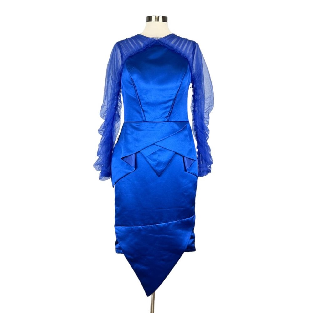 TS Couture Womens Cocktail Dress Blue Long Tulle Sleeves Sheath size Large